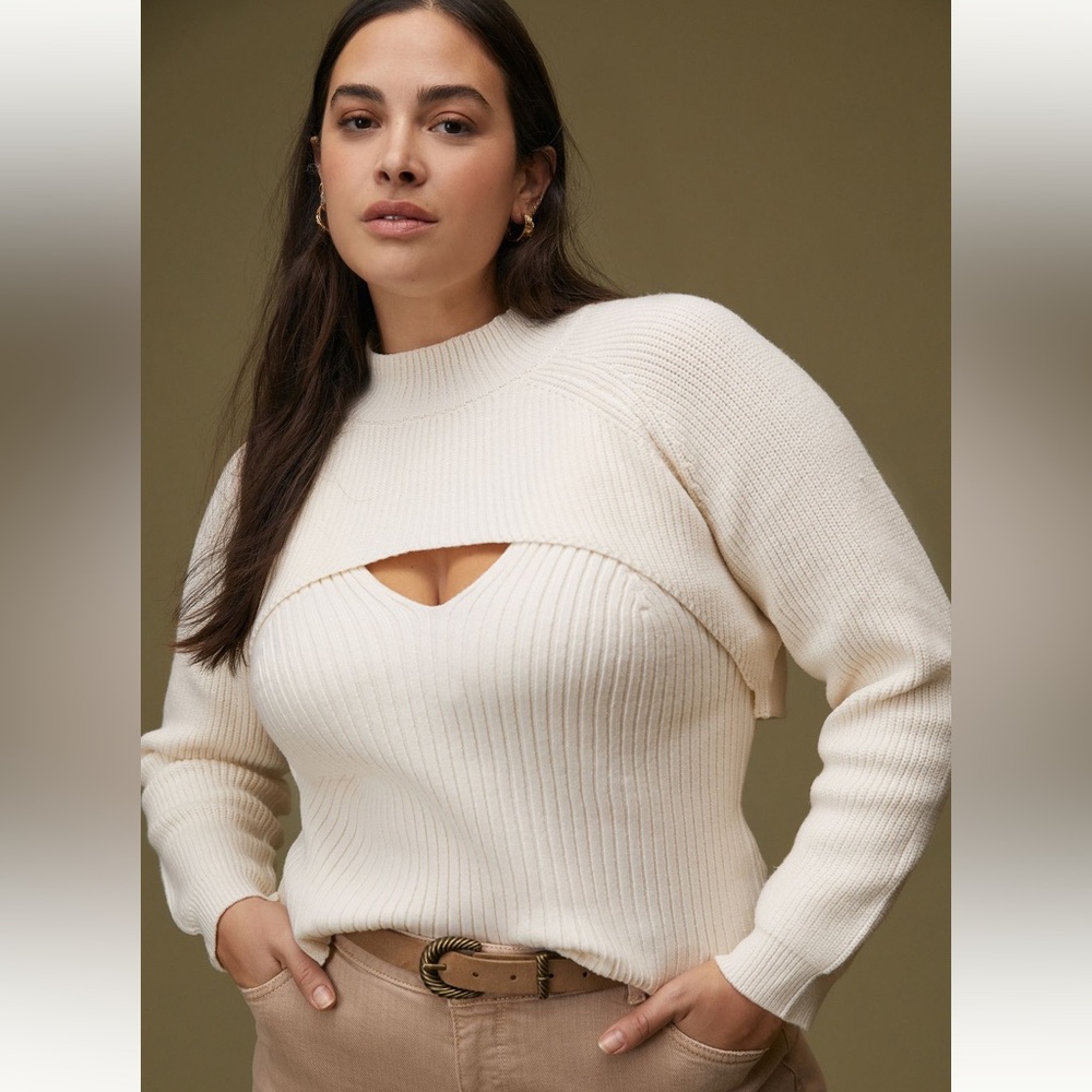 Anthropologie Turtleneck cut-out shrug set ivory size 3X